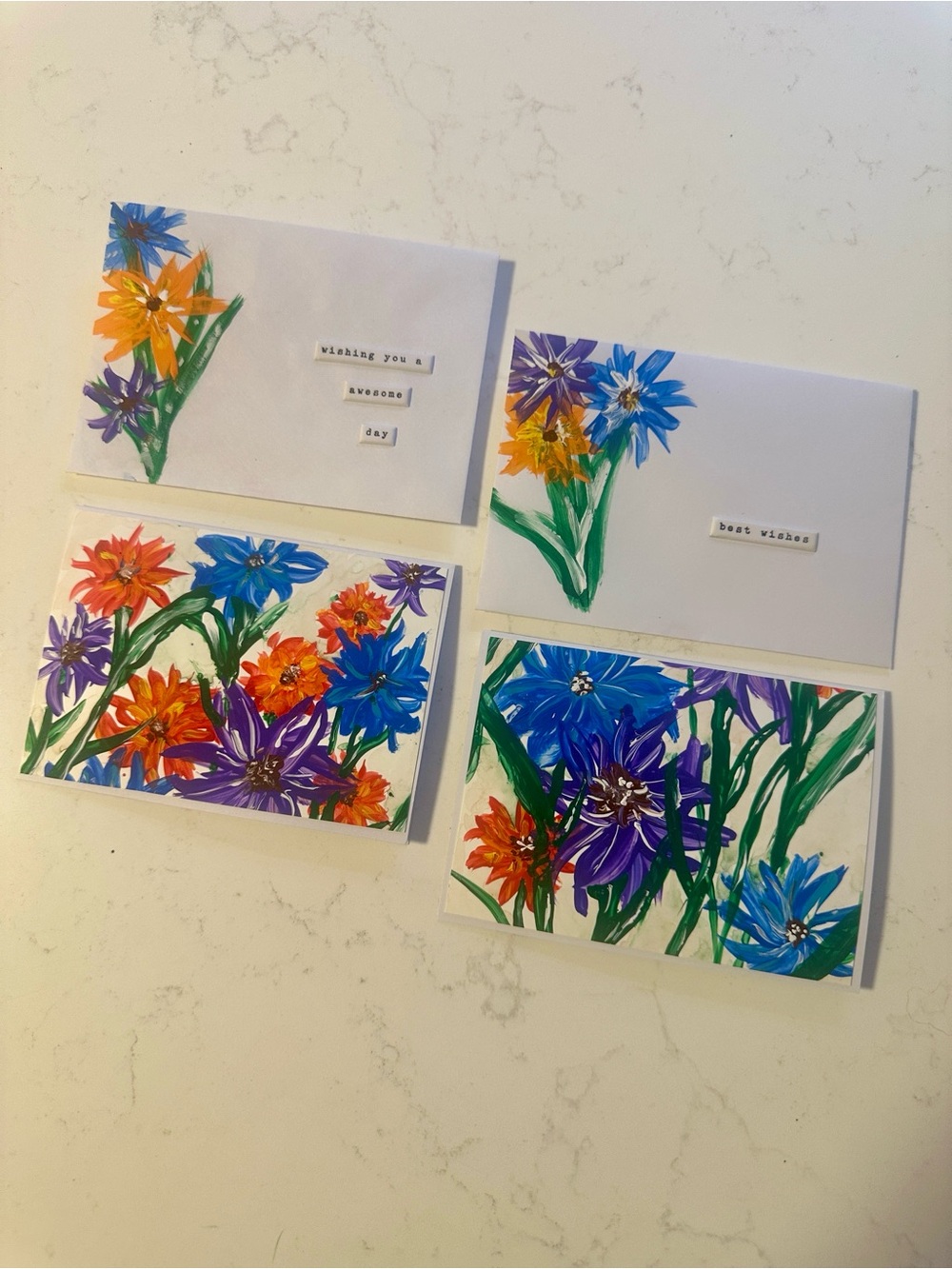 2 Hand -Painted 3x5 “BEST WISHES” “WISHING YOU A AWESOME DAY” greeting cards